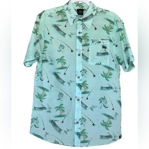 New SWC Tropical Collage Fish Print Hawaiian Button Down Shirt Size M